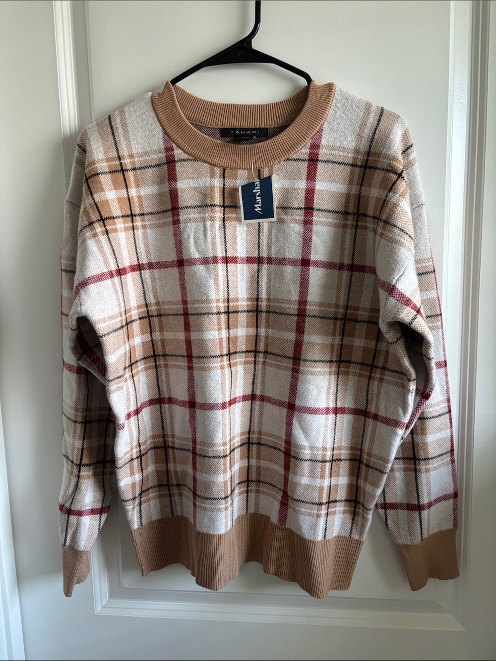 Tahari Cream and Tan Plaid Crewneck Sweater with Red Accents